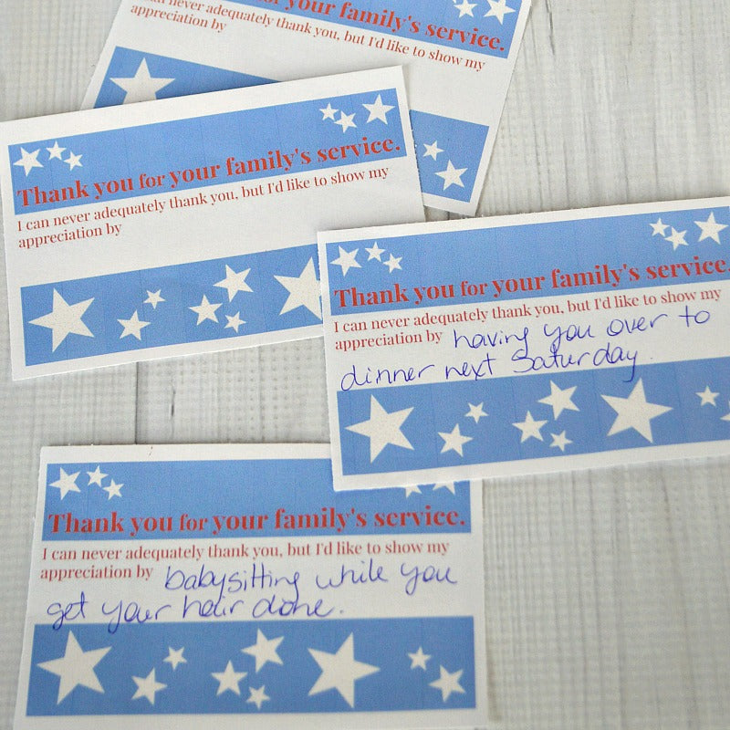 Four Thank a Military Family cards with stars on them from the Organized 31 Shop.