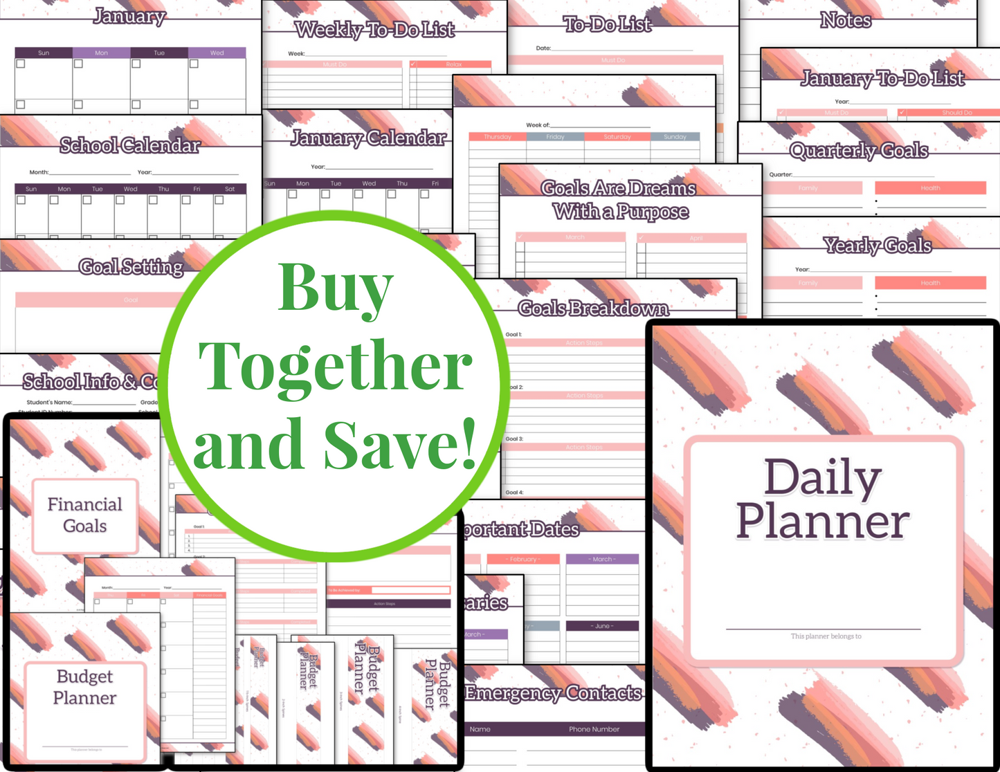 A bundle of Pink Grey Brushstrokes Planner Bundles from Organized 31 Shop with the words buy together and save.
