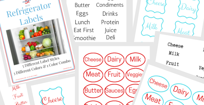 A set of Organized 31 Shop refrigerator labels with different types of food.