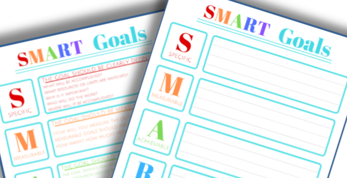 Two Organized 31 Shop SMART Goals Templates, one detailing the acronym meanings and the other with blank fields for writing specific goals.