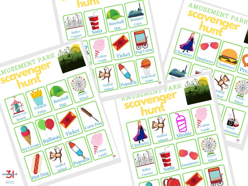 A set of Amusement Park Scavenger Hunt printables from the Organized 31 Shop.