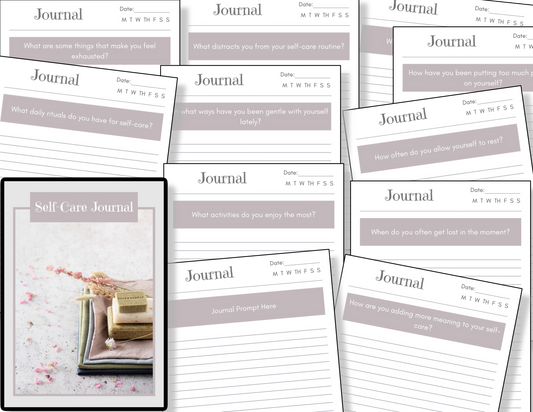 The Self Care Journal by Organized 31 Shop offers printable pages with prompts like "What activities do you enjoy the most?" and "How do you allow yourself to rest?" crafted to boost emotional wellbeing, complete with a cover image.