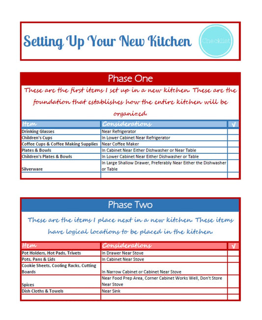 Printable Setting Up Your Kitchen Checklist from the Organized 31 Shop for moving into a new home.