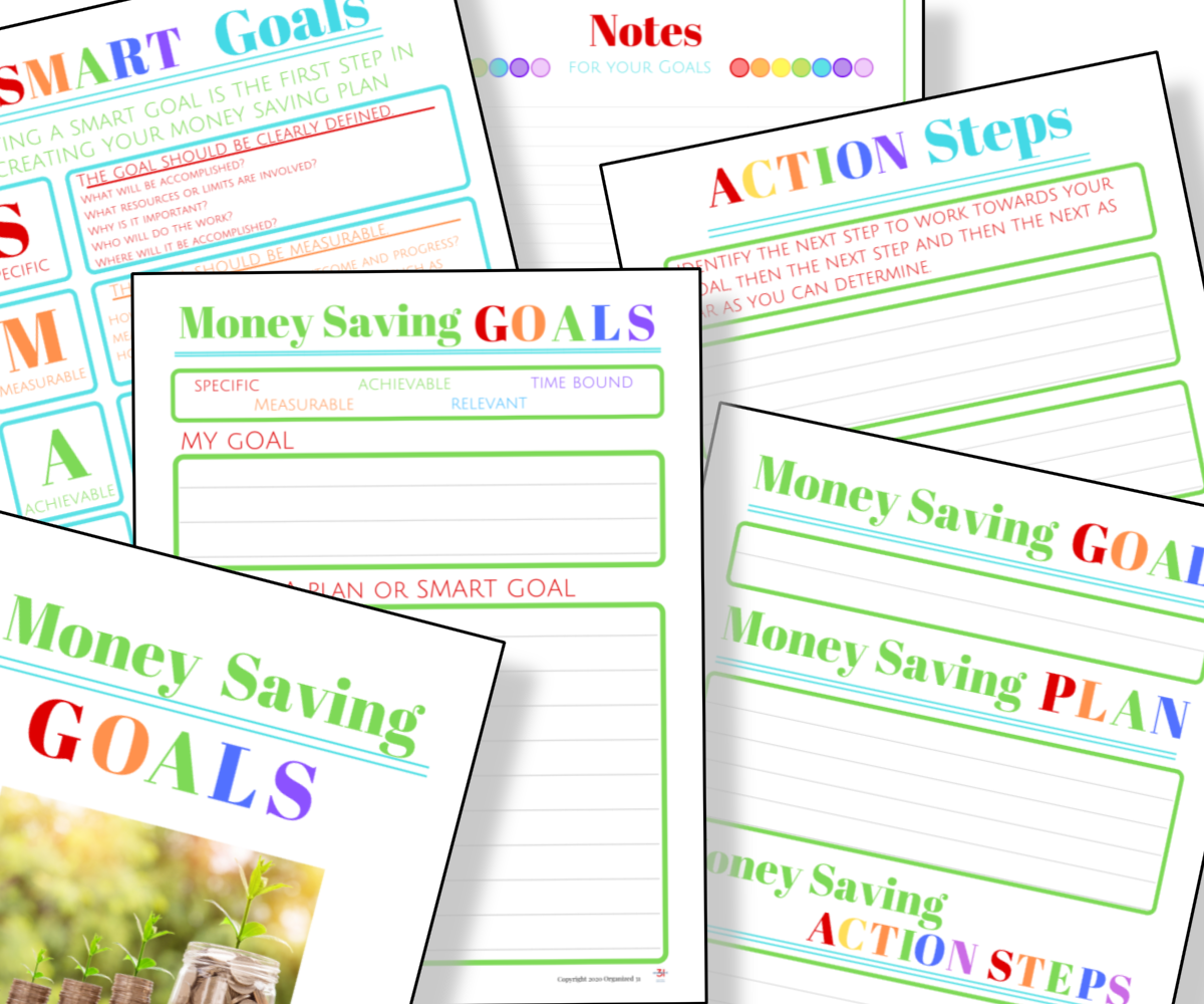 Save money with printable SMART Savings Goals Free Printable from Organized 31 Shop for kids.