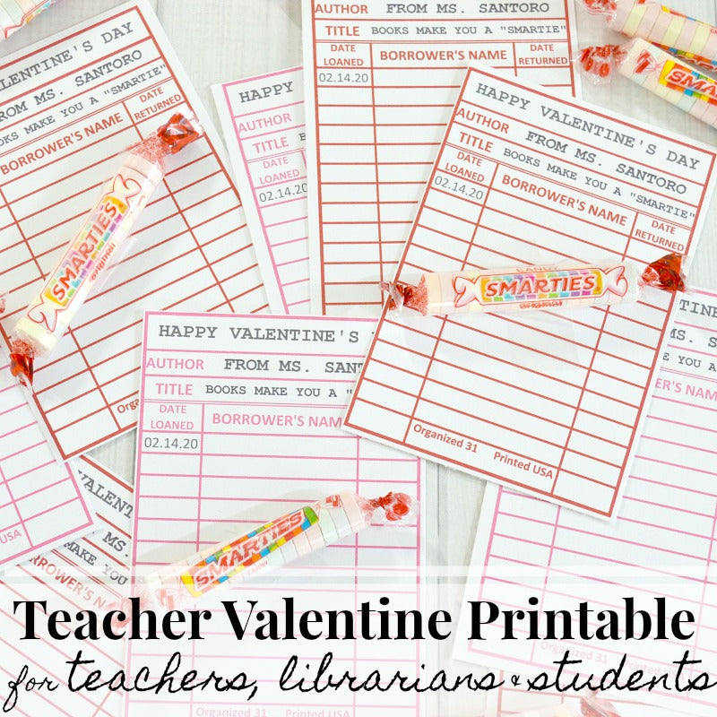 Organized 31 Shop's Teacher Valentine Library Card for students.