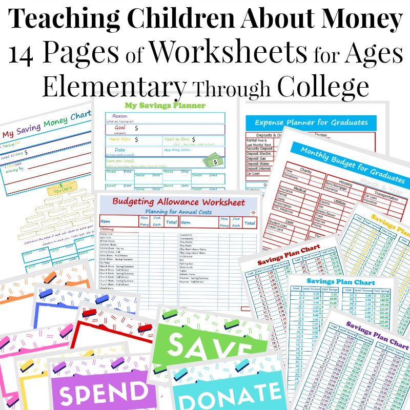 Organized 31 Shop's Teaching Children About Money Worksheet Pack includes 14 pages of worksheets for elementary through college.