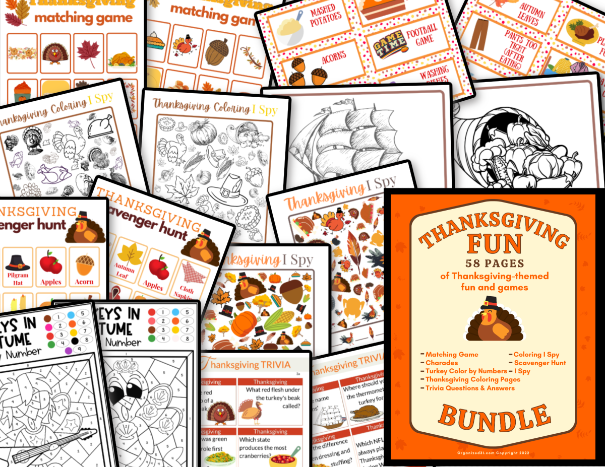 Thanksgiving Fun Printables Bundle with a variety of printable activities, games, and coloring pages from Organized 31 Shop.