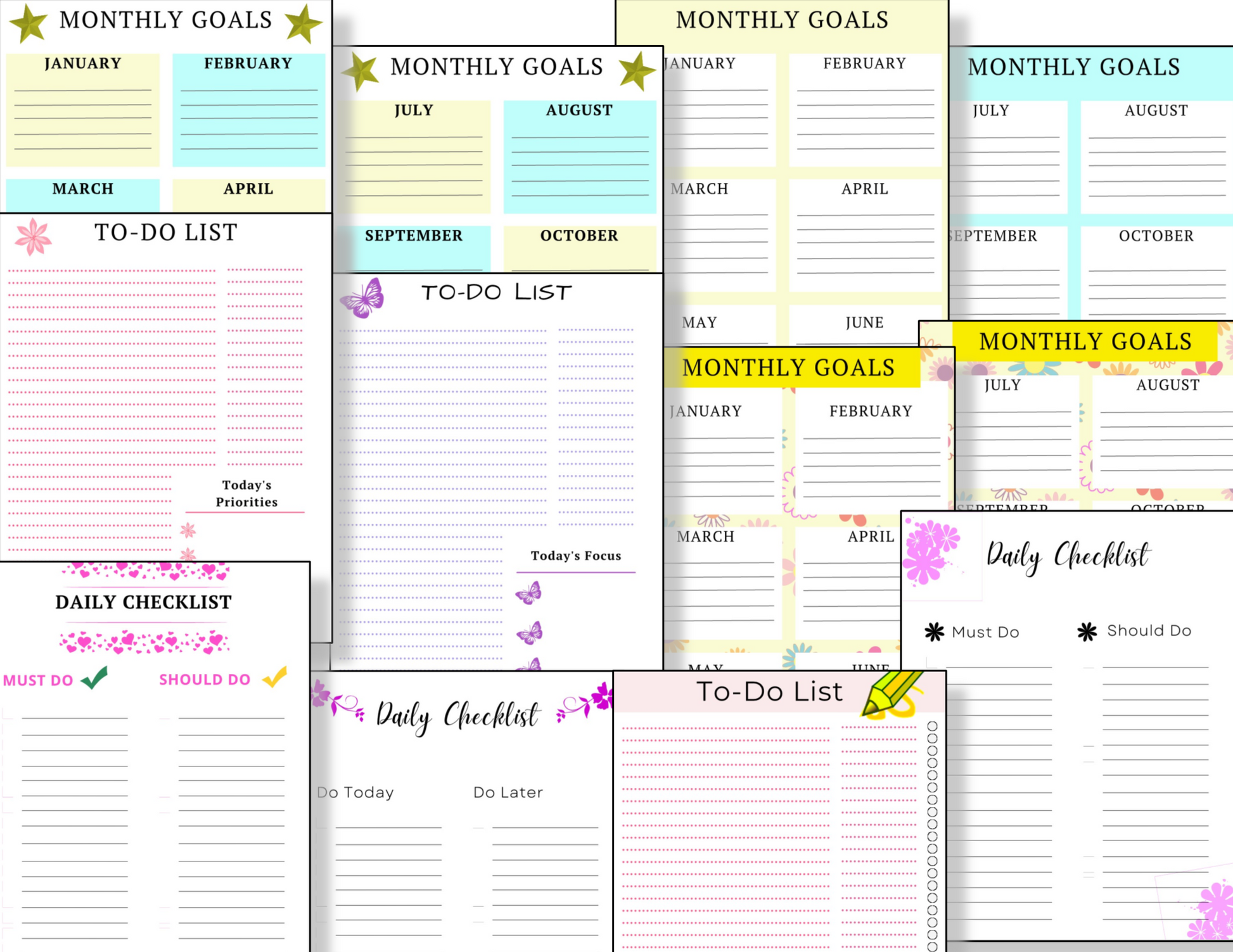 A collection of Organized 31 Shop printable planners with different colors and designs, including the 12 To Do Lists Plus Monthly Goals.