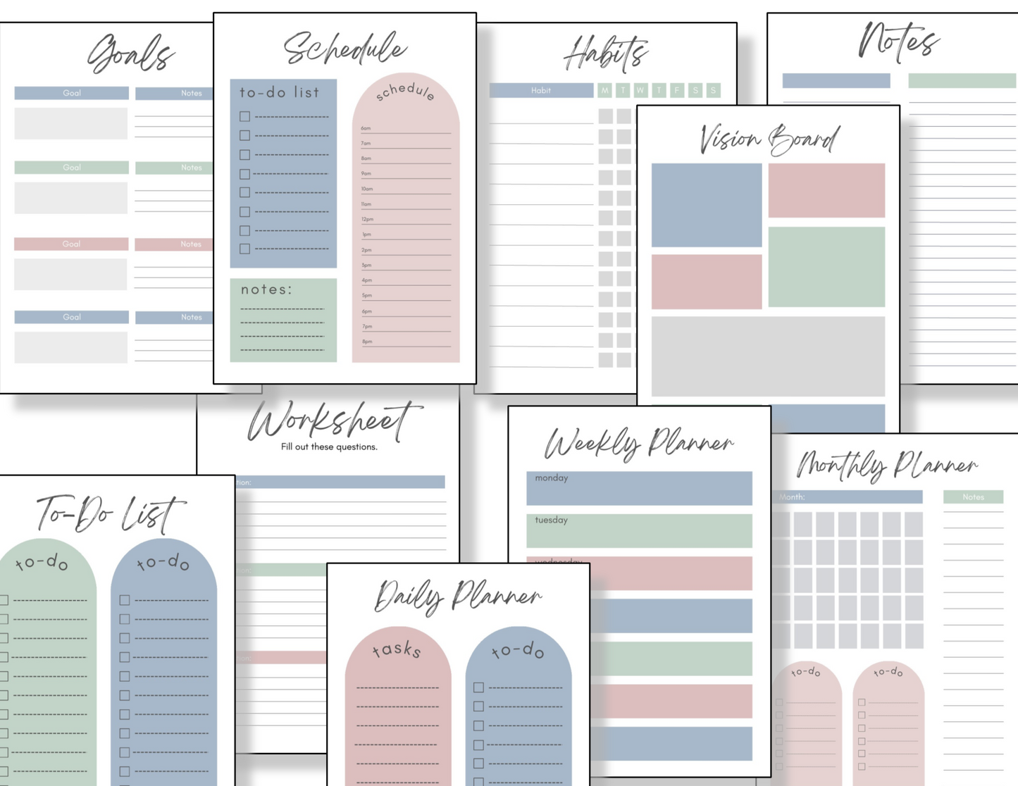 A set of Printable To Do Lists and More planners from the Organized 31 Shop with a pink, blue, and green design.