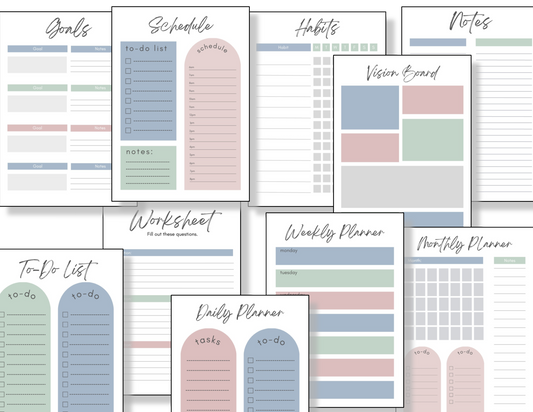 A set of Printable To Do Lists and More planners from the Organized 31 Shop with a pink, blue, and green design.