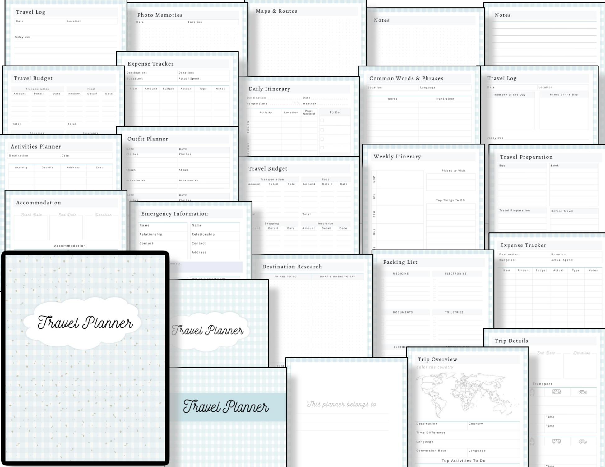 A collection of Organized 31 Shop travel planners with a blue background.