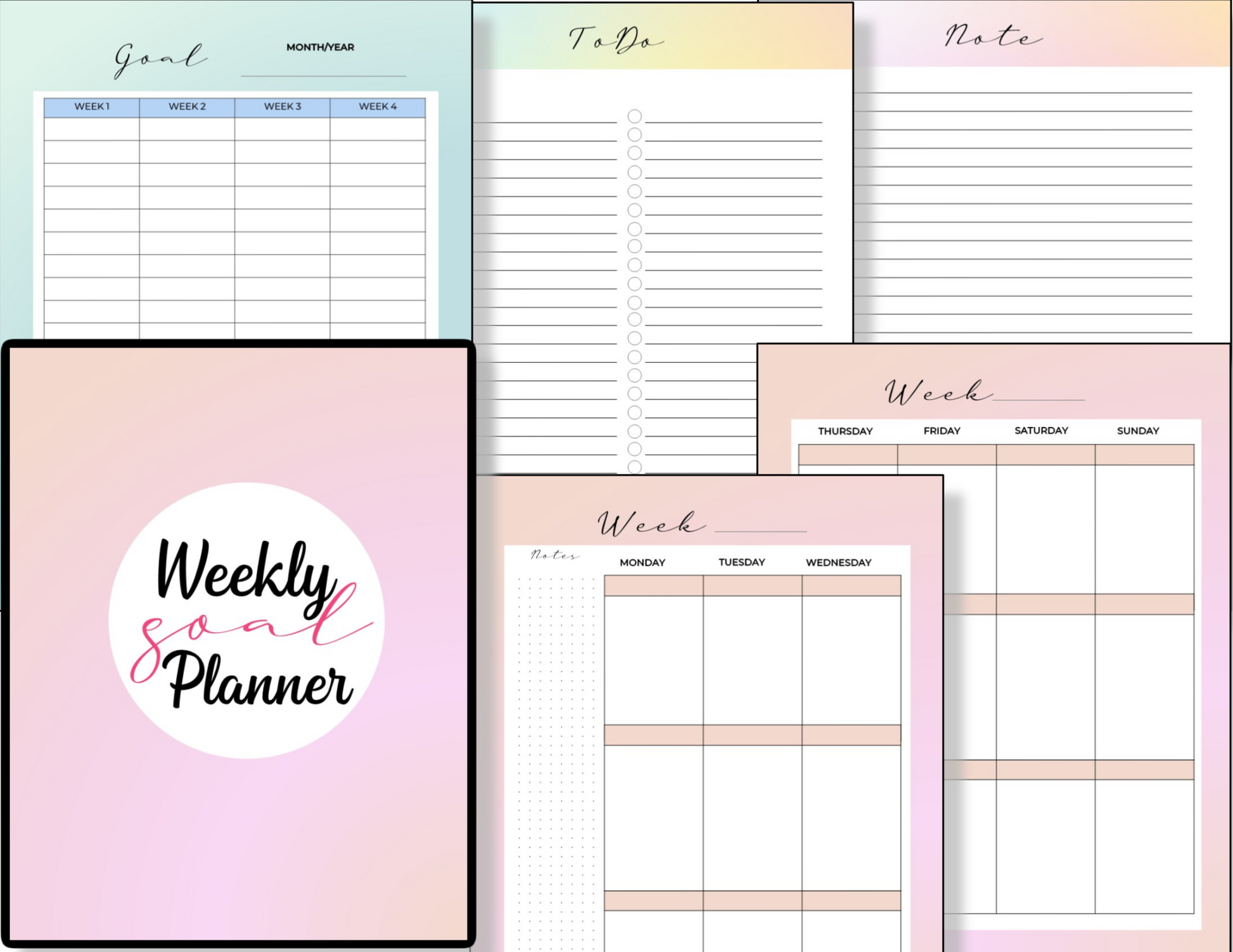A high-resolution digital product, featuring a Weekly Goal Planner with a pink and blue cover, from the Organized 31 Shop.