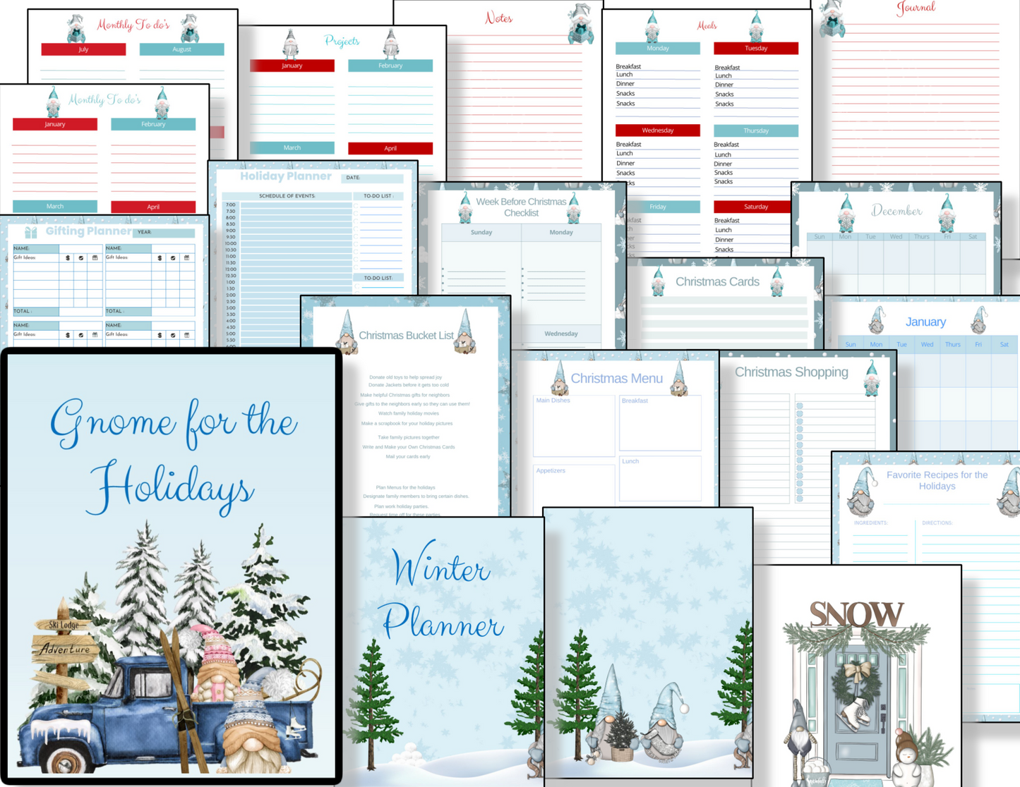 A Winter Gnome Themed Planner from Organized 31 Shop, featuring pictures of a truck and a snowman, is perfect for Christmas planning.