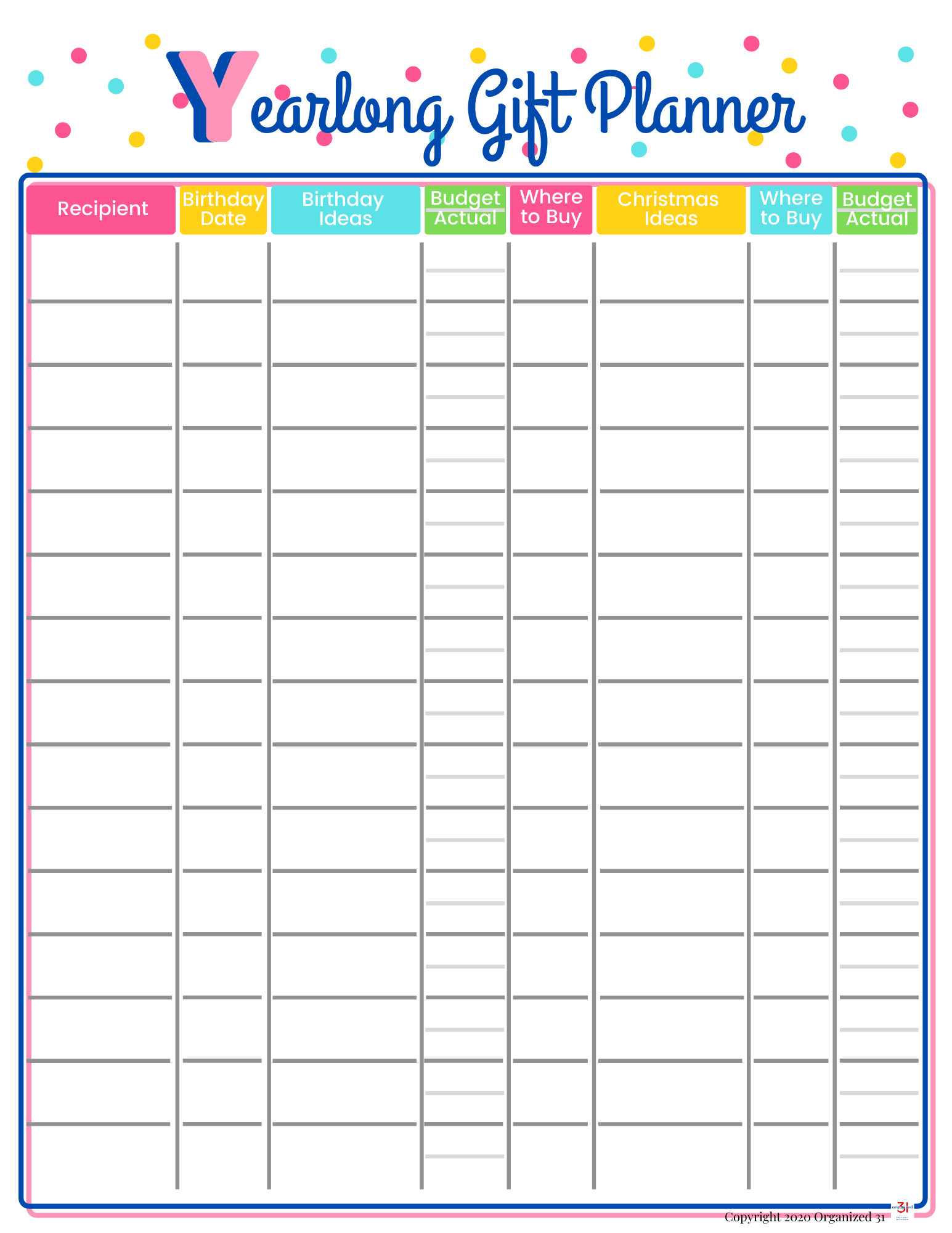 An Organized 31 Shop Yearlong Gift Planner Checklist Printable featuring polka dots.