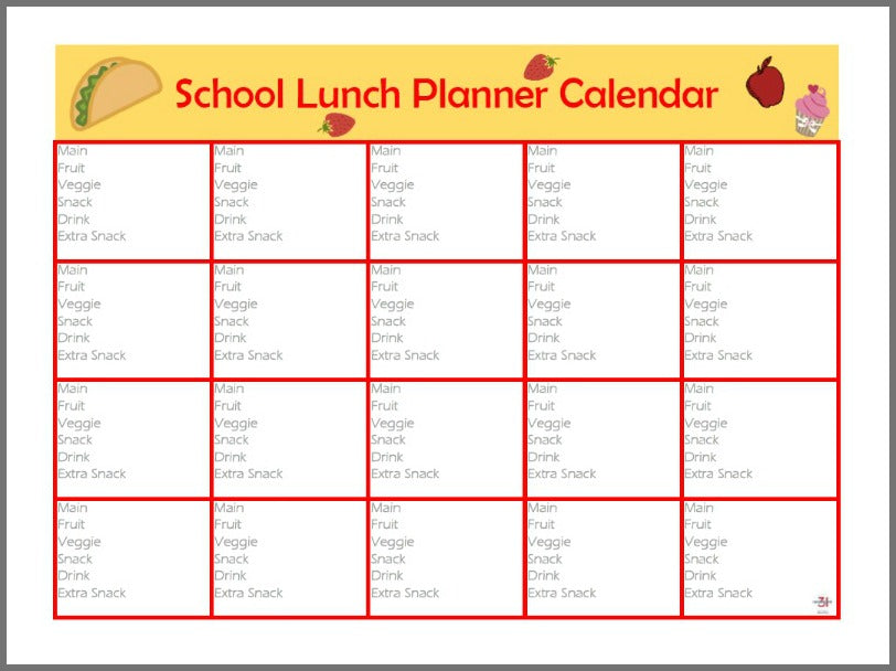 A School Lunch Box Planner calendar with a taco on it from the Organized 31 Shop.