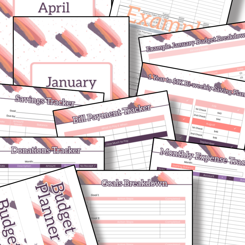 Printable April and January Budget Planner - Organized 31 Shop's Budget Planner Binder - Pink and Grey Brushstroke.