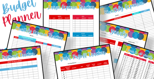 An Organized 31 Shop Budget Planner Printable with colorful balloons available for download.
