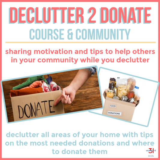 Promotional graphic for Organized 31 Shop's "Declutter to Donate Course," featuring images of a hand holding a 'donate' sign and a box filled with food donations.