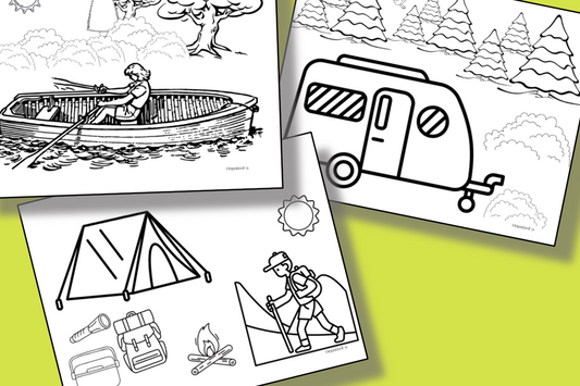 A set of Camping Coloring Pages featuring a camper, a boat, and a campfire from Organized 31 Shop.