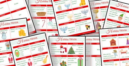 A collection of Holiday Trivia Questions with pictures of a christmas tree, reindeer, and santa claus from the Organized 31 Shop.