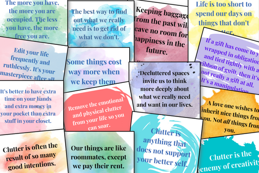 A collage of free printable Organized 31 Shop's Inspirational Decluttering Quotes on a piece of paper.