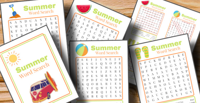 Various Summer Word Search puzzles arranged on a wooden surface, now featured in our free newsletter as printable Organized 31 Shop Summer Word Searches.